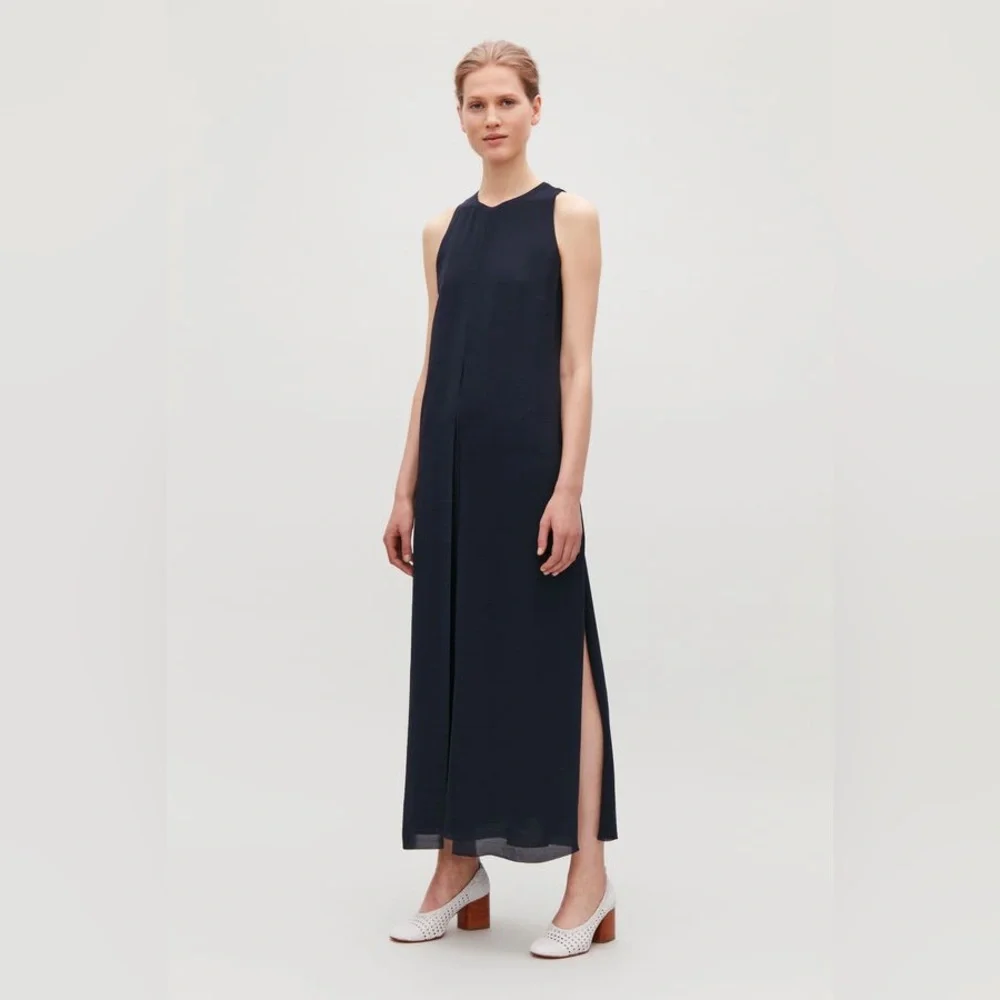 COS Black Sleeveless Maxi Dress Side Slit Minimalist Scandi Modern Size 4